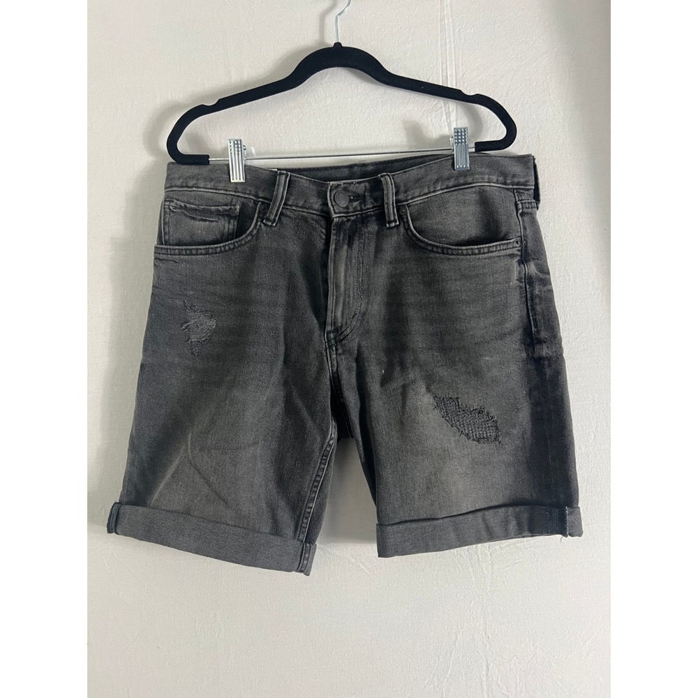 H&M Regular Fit Denim Shorts Mens 32 Washed Black Dark Gray Cuffed Ripped Jean